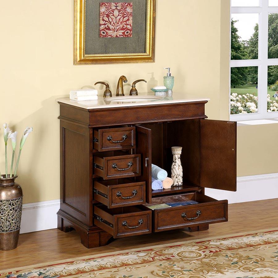 Silkroad Exclusive 36" English Chestnut Transitional Single Sink Vanity with Crema Marfil Marble - HYP-0212-CM-UIC-36, open