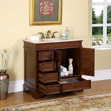 Load image into Gallery viewer, Silkroad Exclusive 36&quot; English Chestnut Transitional Single Sink Vanity with Crema Marfil Marble - HYP-0212-CM-UIC-36, open