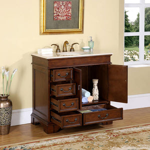 Silkroad Exclusive 36" English Chestnut Transitional Single Sink Vanity with Crema Marfil Marble - HYP-0212-CM-UIC-36, open