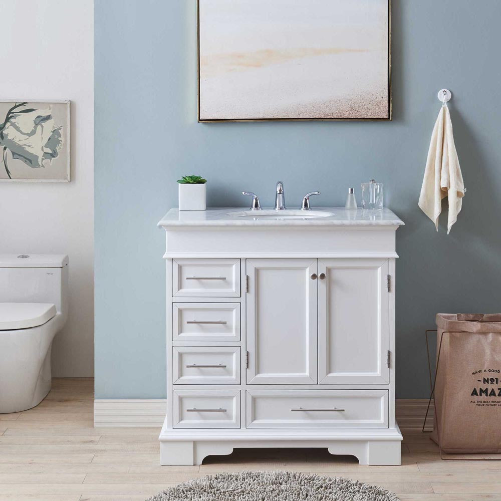 Silkroad Exclusive 36" White Transitional Single Sink Bathroom Vanity with Carrara Marble Top - HYP-0212-WM-UWC-36