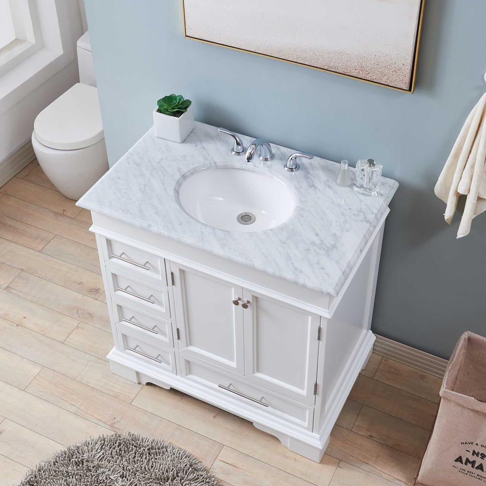 Silkroad Exclusive 36" White Transitional Single Sink Bathroom Vanity with Carrara Marble Top - HYP-0212-WM-UWC-36