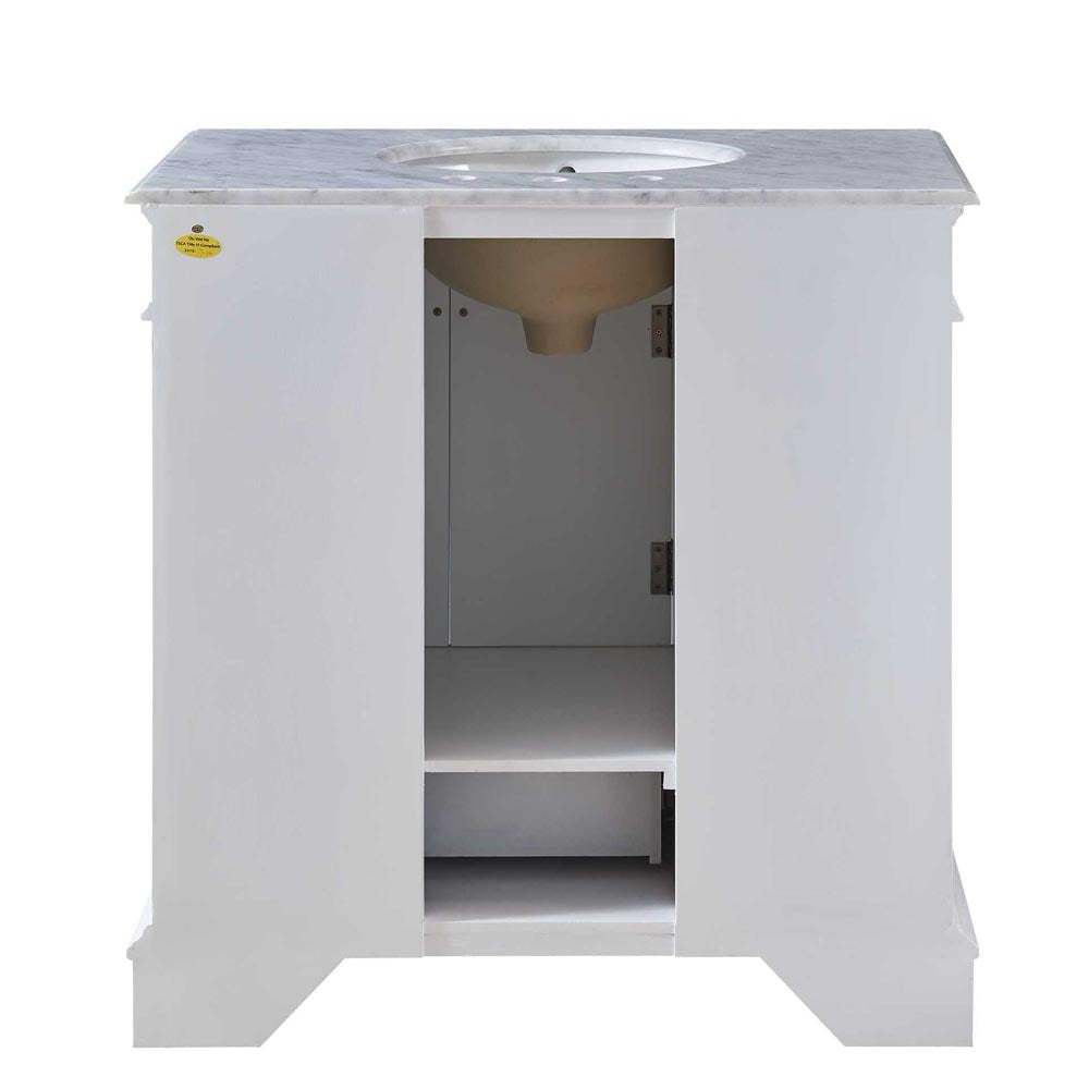 Silkroad Exclusive 36" White Transitional Single Sink Bathroom Vanity with Carrara Marble Top - HYP-0212-WM-UWC-36, back