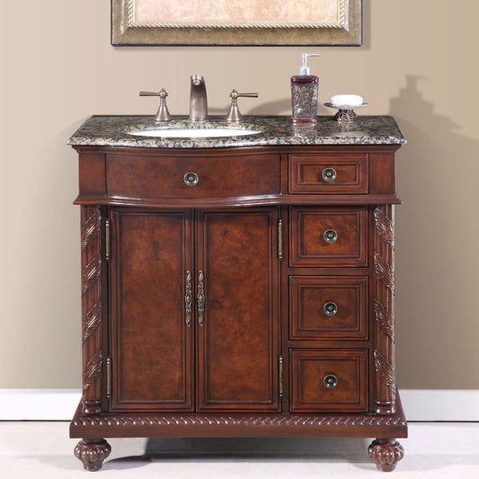 Silkroad Exclusive 36" English Chestnut Traditional Vanity with Baltic Brown Granite Top - Left side Sink