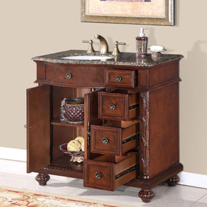 Silkroad Exclusive 36" English Chestnut Traditional Vanity with Baltic Brown Granite Top - Left side Sink, open