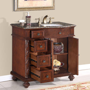 Silkroad Exclusive 36" English Chestnut Traditional Vanity with Baltic Brown Granite Top - Right side Sink, open