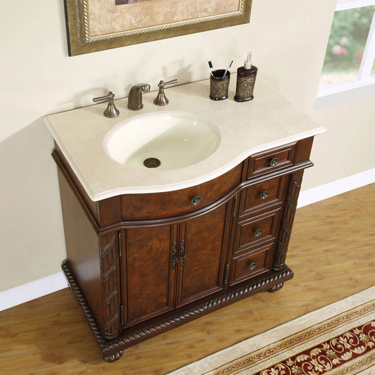 Silkroad Exclusive  36-inch Crema Marfil Marble Top Single Sink Bathroom Vanity - English Chestnut, Left Sink HYP-0213-CM-UIC-36