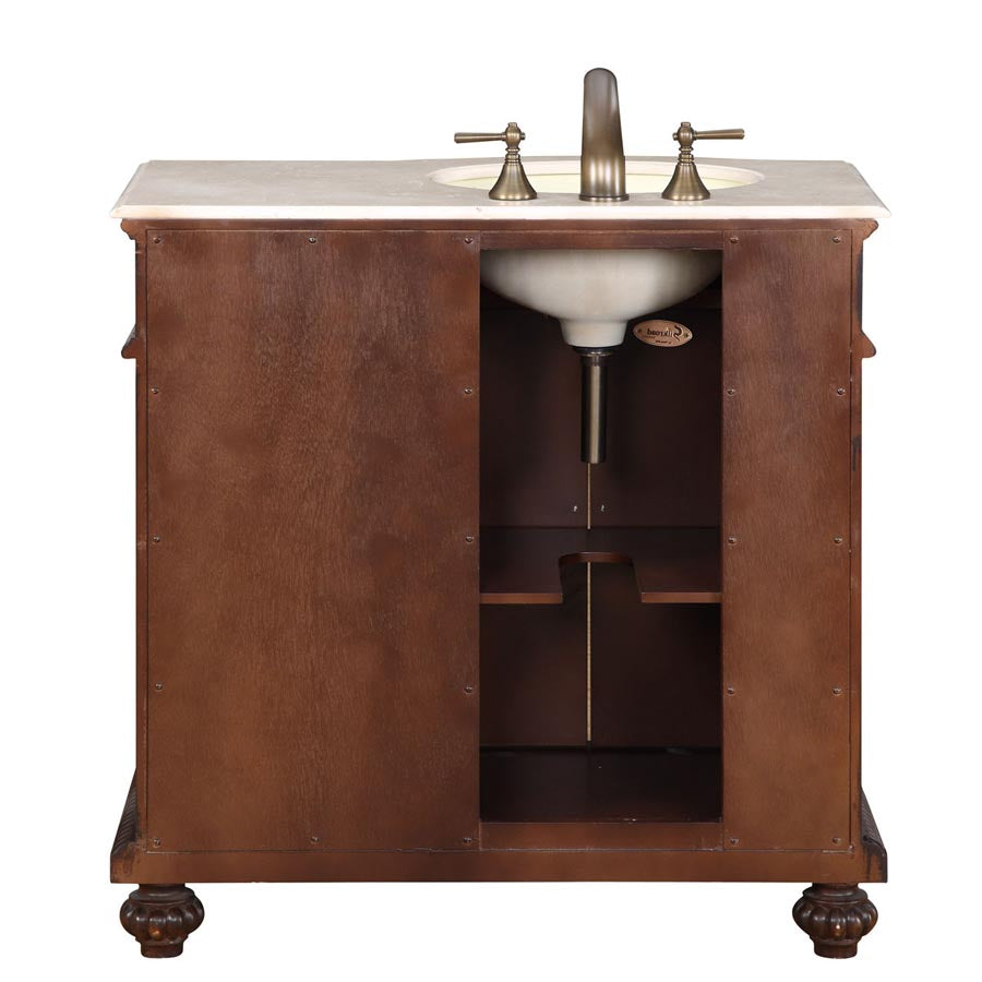 Silkroad Exclusive  36-inch Crema Marfil Marble Top Single Sink Bathroom Vanity - English Chestnut, Left Sink HYP-0213-CM-UIC-36, back