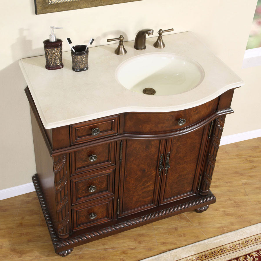 Silkroad Exclusive  36-inch Crema Marfil Marble Top Single Sink Bathroom Vanity - English Chestnut, Right Sink HYP-0213-CM-UIC-36