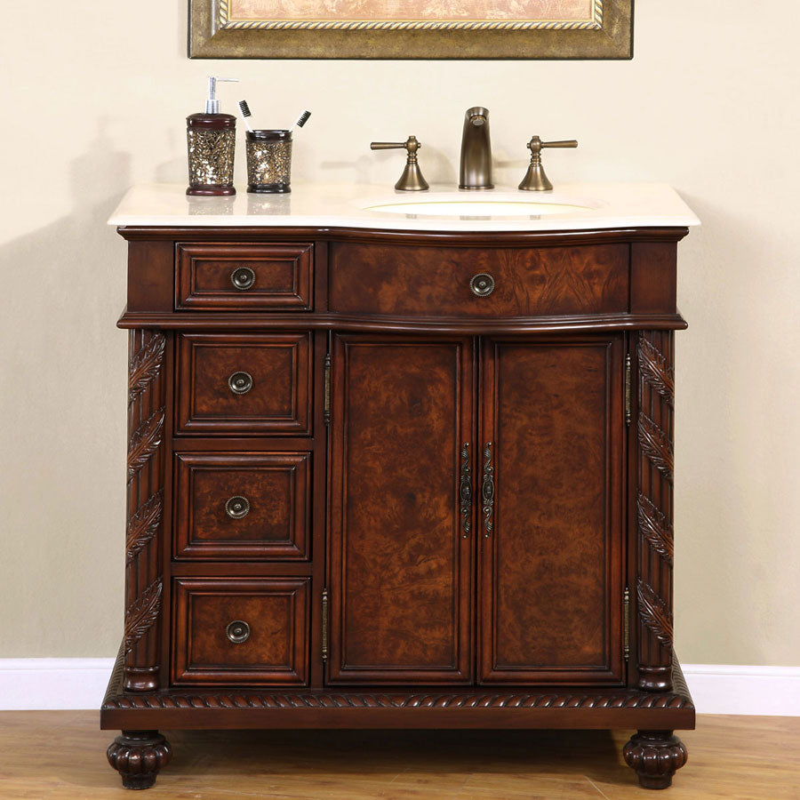 Silkroad Exclusive  36-inch Crema Marfil Marble Top Single Sink Bathroom Vanity - English Chestnut, Right Sink HYP-0213-CM-UIC-36