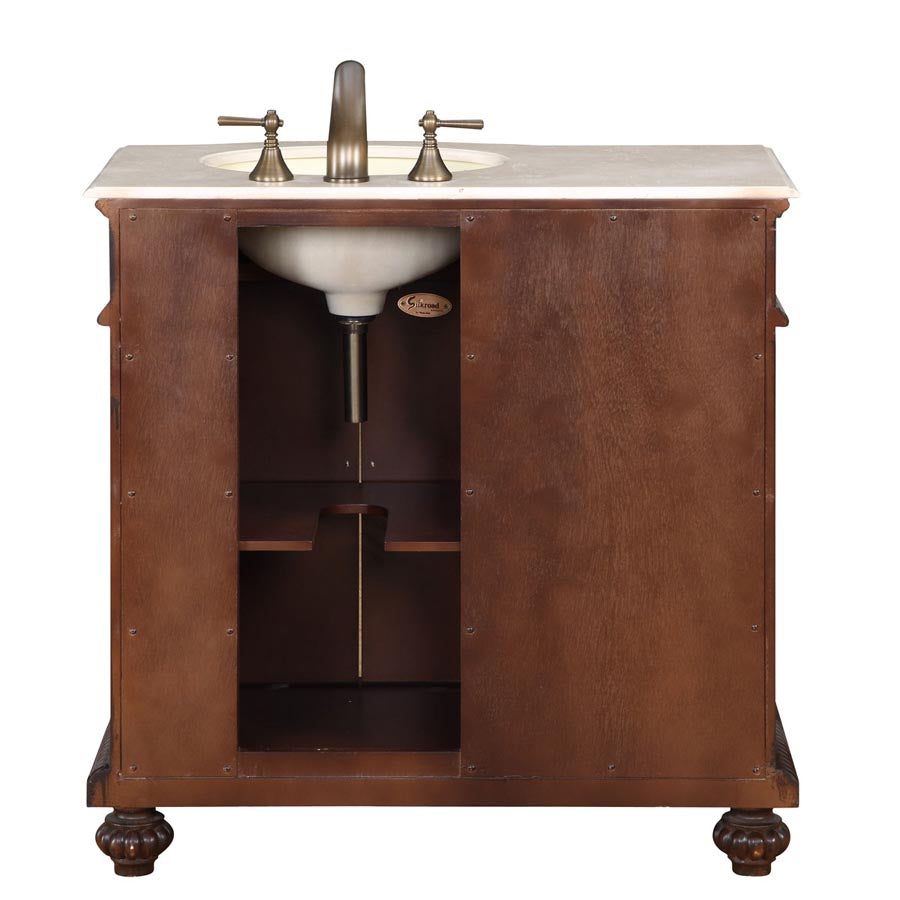 Silkroad Exclusive  36-inch Crema Marfil Marble Top Single Sink Bathroom Vanity - English Chestnut, Right Sink HYP-0213-CM-UIC-36, back