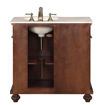 Silkroad Exclusive  36-inch Crema Marfil Marble Top Single Sink Bathroom Vanity - English Chestnut, Right Sink HYP-0213-CM-UIC-36, back