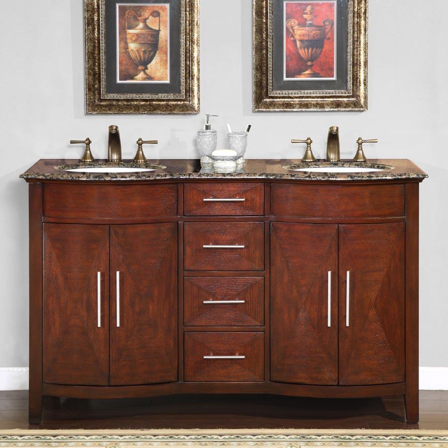 Silkroad Exclusive 58-inch Baltic Brown Granite Top Double Sink Bathroom Vanity - HYP-0221-BB-UWC-58
