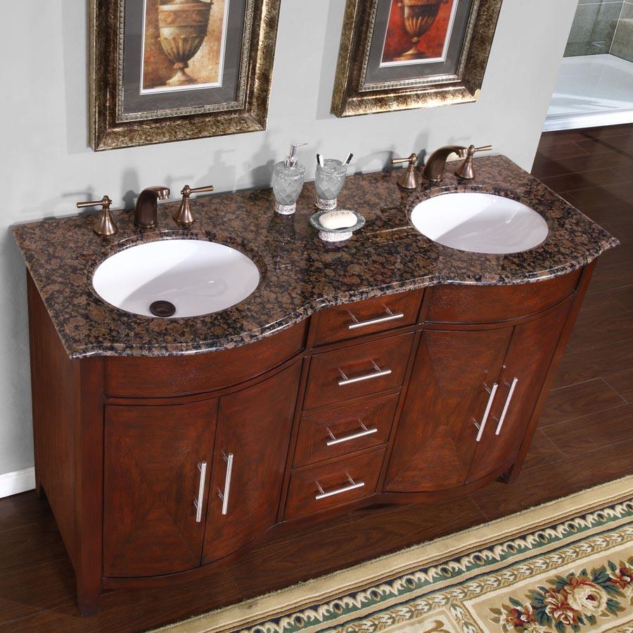 Silkroad Exclusive 58-inch Baltic Brown Granite Top Double Sink Bathroom Vanity - HYP-0221-BB-UWC-58