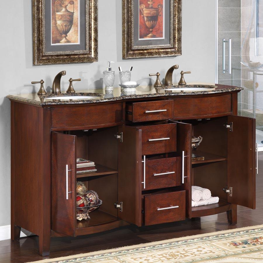 Silkroad Exclusive 58-inch Baltic Brown Granite Top Double Sink Bathroom Vanity - HYP-0221-BB-UWC-58, open