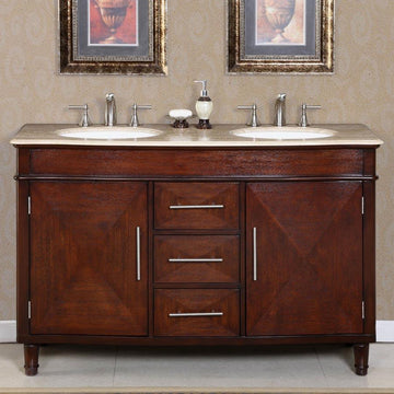 Silkroad Exclusive  55-inch Travertine Top Double Sink Traditional Bathroom Vanity in Dark Chestnut - HYP-0222-T-UWC-55