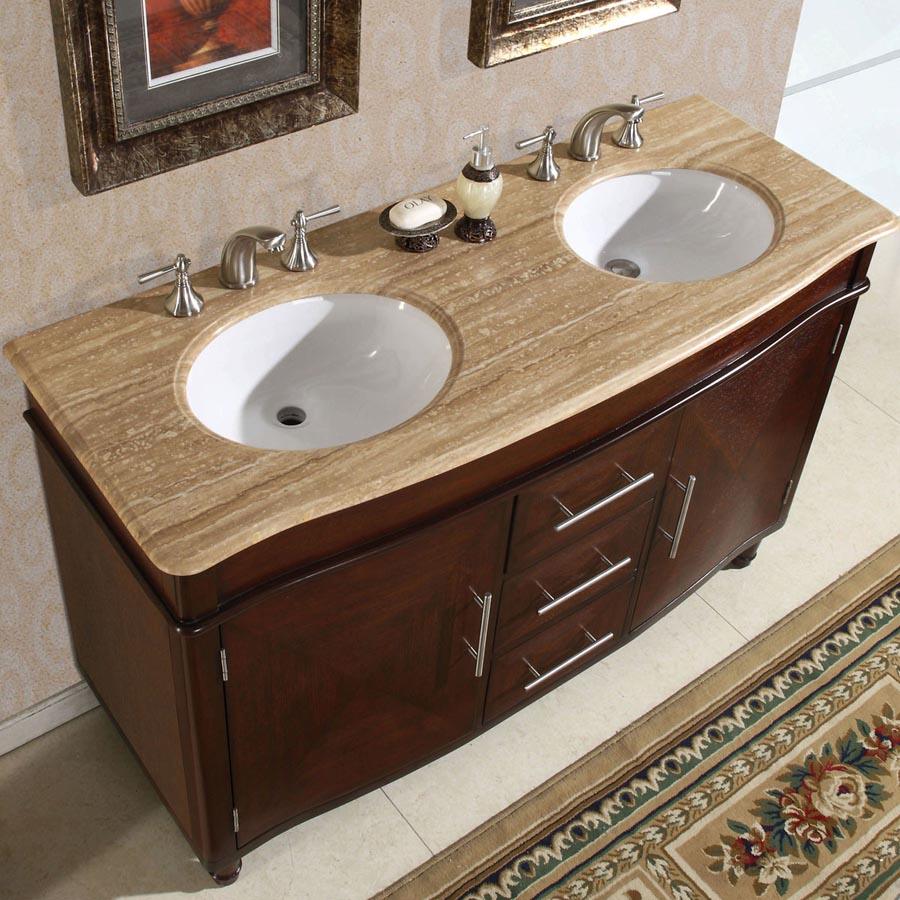 Silkroad Exclusive  55-inch Travertine Top Double Sink Traditional Bathroom Vanity in Dark Chestnut - HYP-0222-T-UWC-55