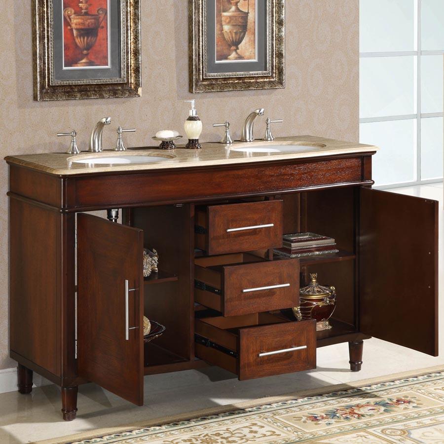 Silkroad Exclusive  55-inch Travertine Top Double Sink Traditional Bathroom Vanity in Dark Chestnut - HYP-0222-T-UWC-55