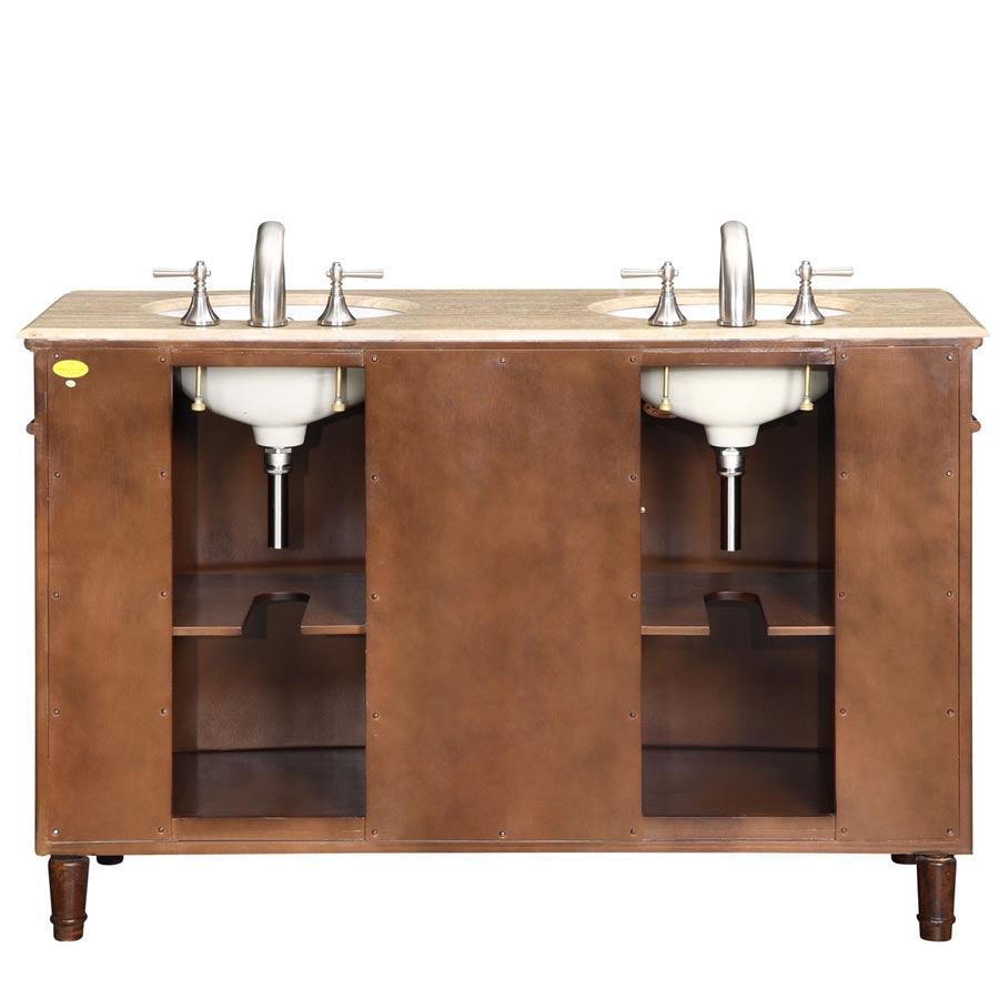 Silkroad Exclusive  55-inch Travertine Top Double Sink Traditional Bathroom Vanity in Dark Chestnut - HYP-0222-T-UWC-55