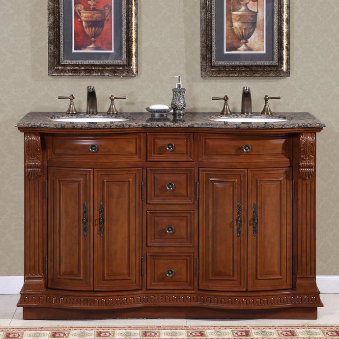 Silkroad Exclusive 55-inch Baltic Brown Granite Top Double Sink Cherry Transitional Bathroom Vanity - HYP-0223-BB-UWC-55