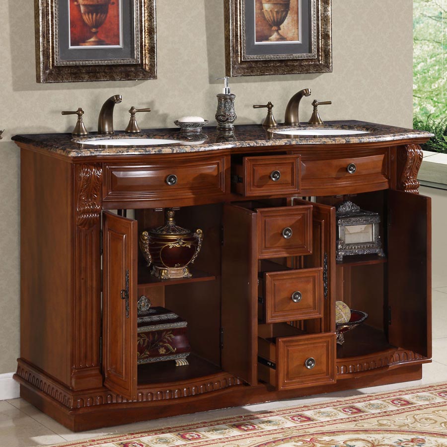 Silkroad Exclusive 55-inch Baltic Brown Granite Top Double Sink Cherry Transitional Bathroom Vanity - HYP-0223-BB-UWC-55, open