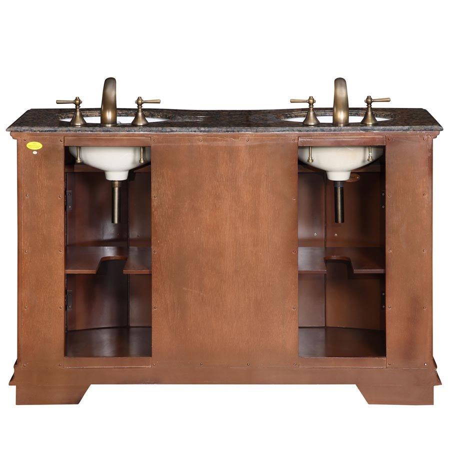 Silkroad Exclusive 55-inch Baltic Brown Granite Top Double Sink Cherry Transitional Bathroom Vanity - HYP-0223-BB-UWC-55, back