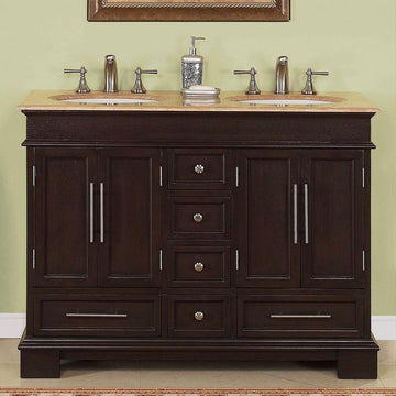 Silkroad Exclusive Dark Walnut 48-inch Travertine Top Double Sink Bathroom Vanity - HYP-0224-T-UWC-48