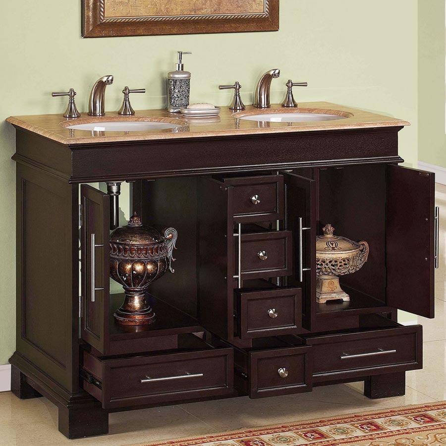 Silkroad Exclusive Dark Walnut 48-inch Travertine Top Double Sink Bathroom Vanity - HYP-0224-T-UWC-48