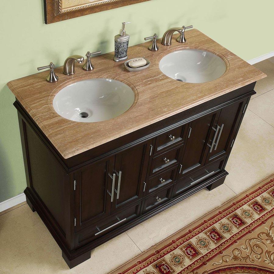 Silkroad Exclusive Dark Walnut 48-inch Travertine Top Double Sink Bathroom Vanity - HYP-0224-T-UWC-48, 