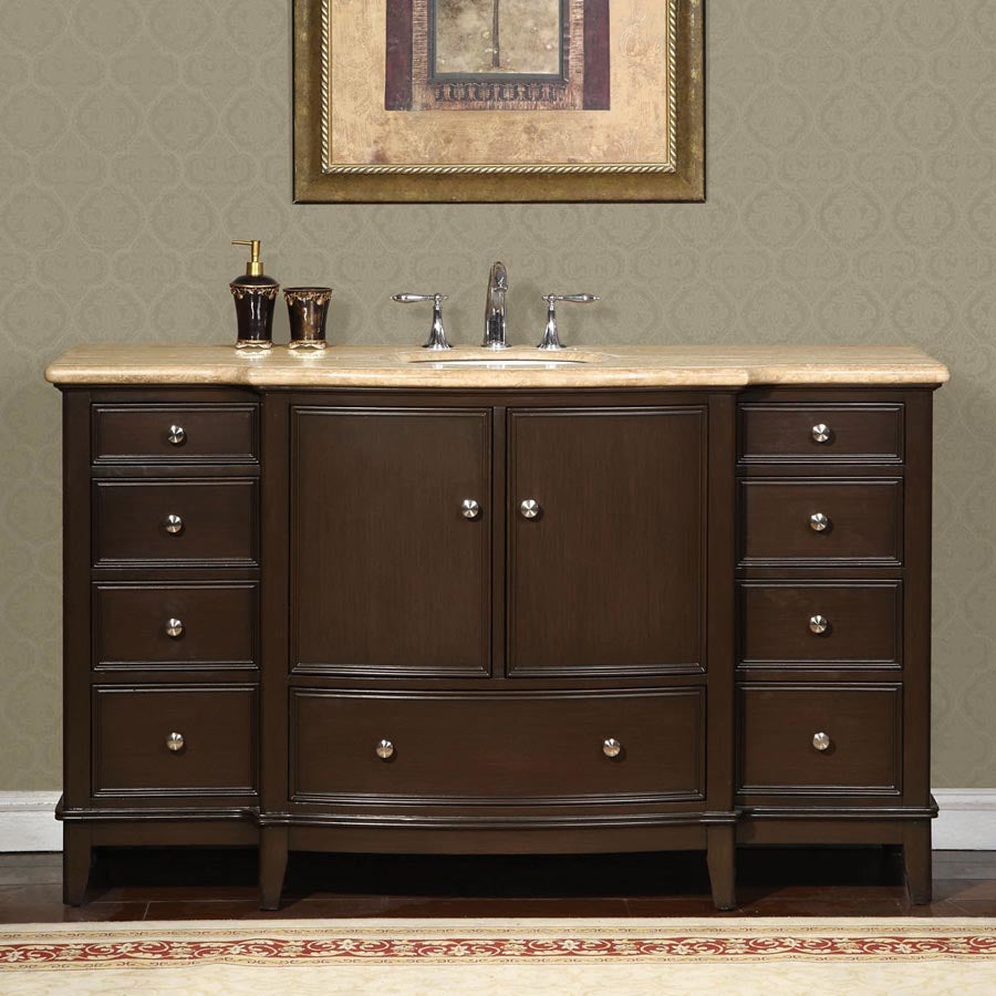 Silkroad Exclusive  60-inch Travertine Top Single Sink Transitional Bathroom Vanity - HYP-0237-T-UWC-60