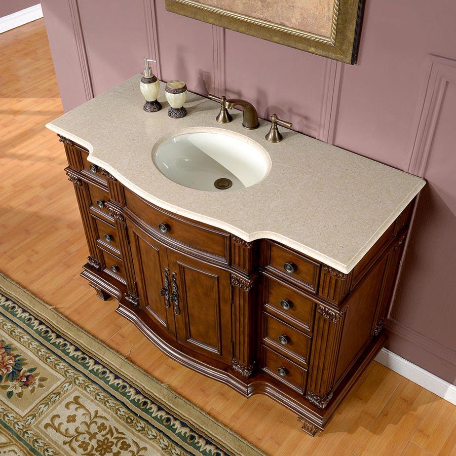Silkroad Exclusive 48-inch Crema Marfil Marble Top Single Sink Brazilian Transitional Rosewood Bathroom Vanity - HYP-0277-CM-UWC-48