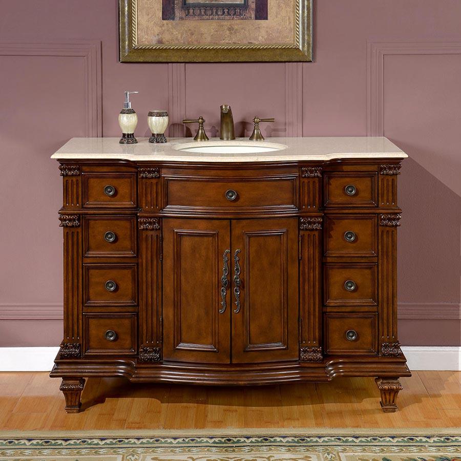 Silkroad Exclusive 48-inch Crema Marfil Marble Top Single Sink Brazilian Transitional Rosewood Bathroom Vanity - HYP-0277-CM-UWC-48