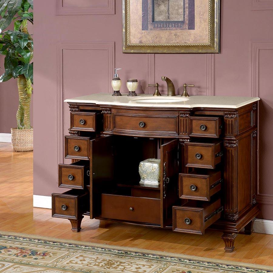 Silkroad Exclusive 48-inch Crema Marfil Marble Top Single Sink Brazilian Transitional Rosewood Bathroom Vanity - HYP-0277-CM-UWC-48, open