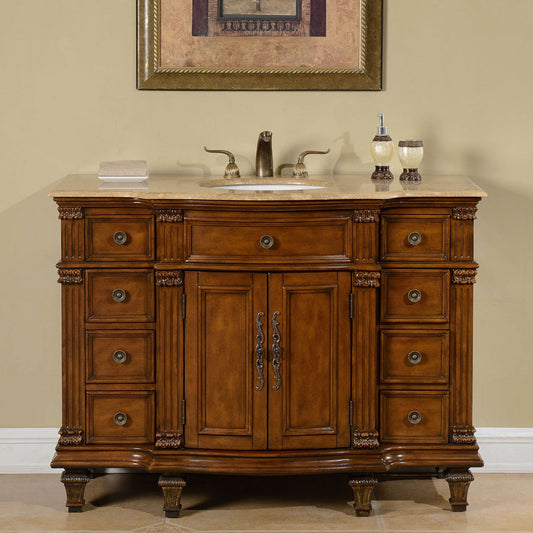 Silkroad Exclusive 48" Travertine Top Single Sink Vanity - Brazilian Rosewood, Transitional Style - HYP-0277-T-UWC-48