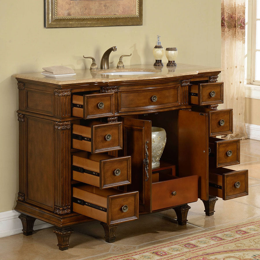 Silkroad Exclusive 48" Travertine Top Single Sink Vanity - Brazilian Rosewood, Transitional Style - HYP-0277-T-UWC-48