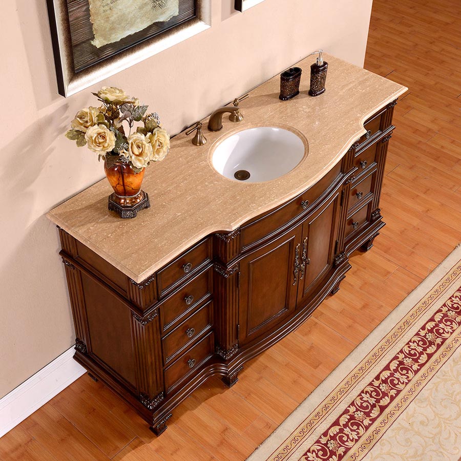 Silkroad Exclusive 60-inch Travertine Top Single Sink Brazilian Rosewood Transitional Bathroom Vanity - HYP-0277-T-UWC-60