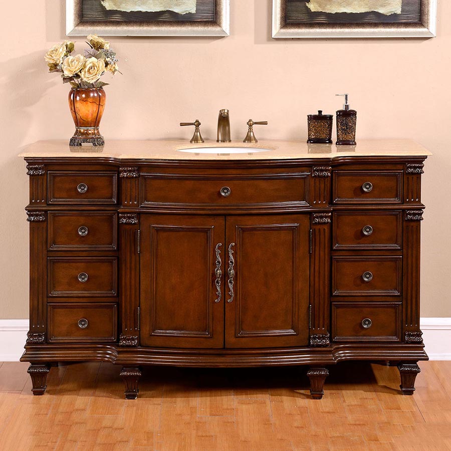 Silkroad Exclusive 60-inch Travertine Top Single Sink Brazilian Rosewood Transitional Bathroom Vanity - HYP-0277-T-UWC-60