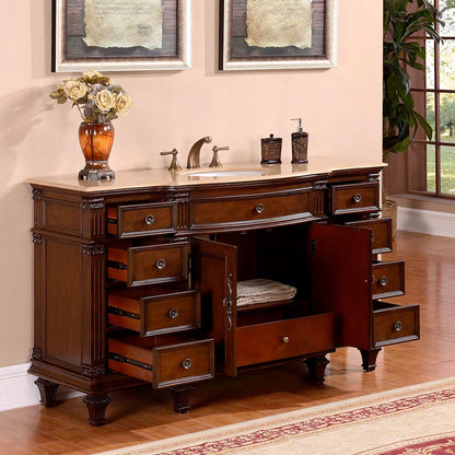 Silkroad Exclusive 60-inch Travertine Top Single Sink Brazilian Rosewood Transitional Bathroom Vanity - HYP-0277-T-UWC-60, open