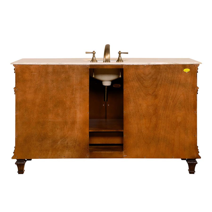 Silkroad Exclusive 60-inch Travertine Top Single Sink Brazilian Rosewood Transitional Bathroom Vanity - HYP-0277-T-UWC-60, back