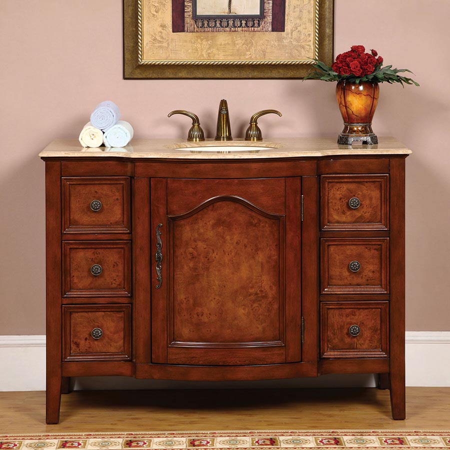 Silkroad Exclusive 48-inch Travertine Top Single Sink Transitional Red Oak Bathroom Vanity - HYP-0701-T-UIC-48