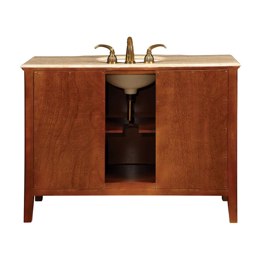 Silkroad Exclusive 48-inch Travertine Top Single Sink Transitional Red Oak Bathroom Vanity - HYP-0701-T-UIC-48, back