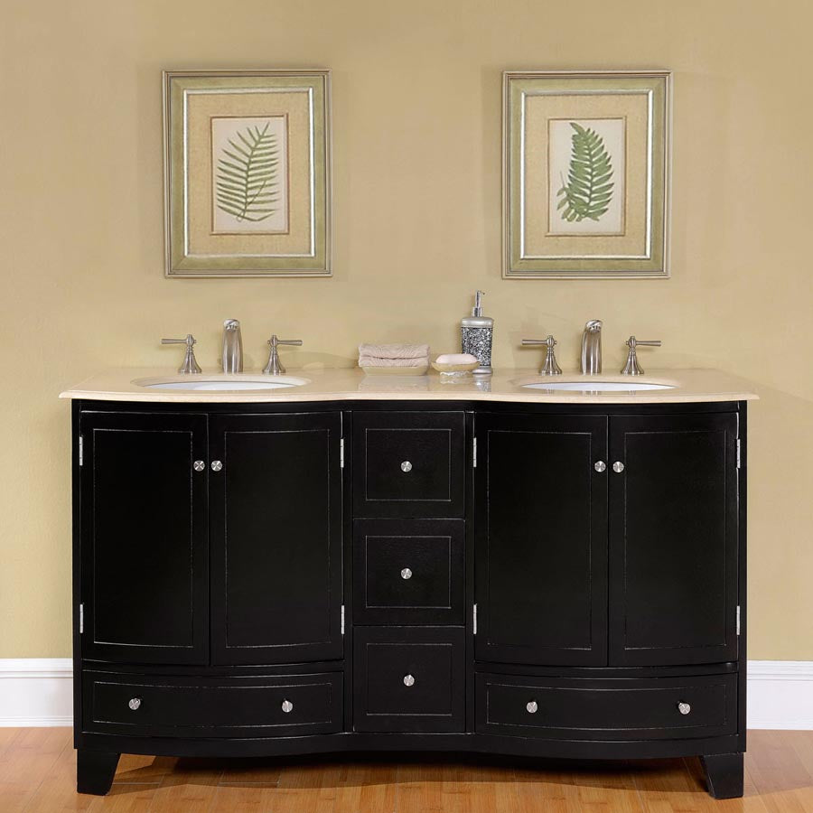 Silkroad Exclusive  60-inch Crema Marfil Marble Top Double Sink Transitional Dark Espresso Bathroom Vanity - HYP-0703-CM-UWC-60