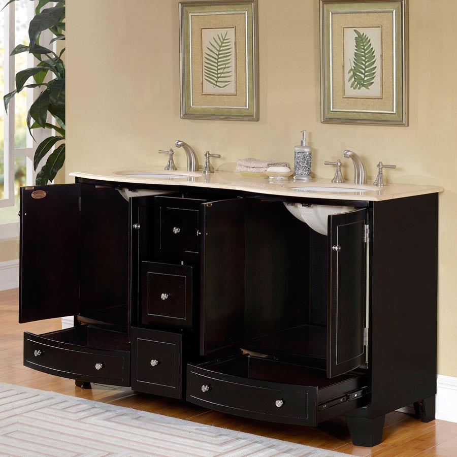 Silkroad Exclusive  60-inch Crema Marfil Marble Top Double Sink Transitional Dark Espresso Bathroom Vanity - HYP-0703-CM-UWC-60, open