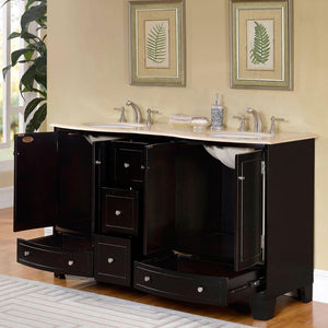 Silkroad Exclusive  60-inch Crema Marfil Marble Top Double Sink Transitional Dark Espresso Bathroom Vanity - HYP-0703-CM-UWC-60, open