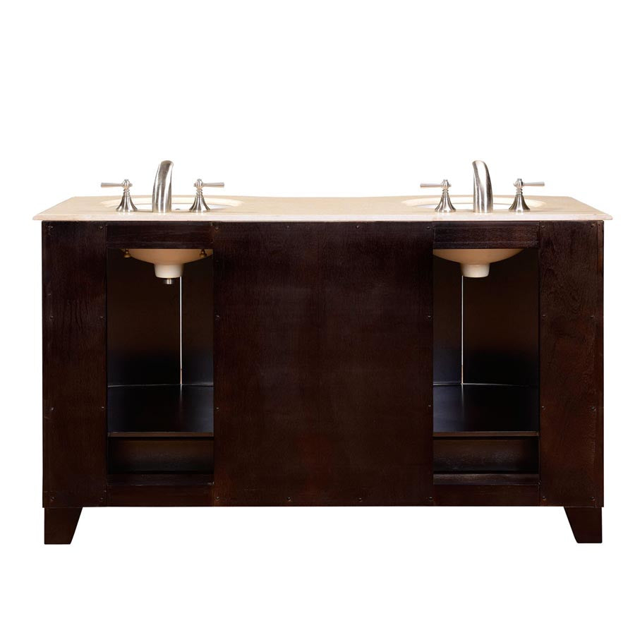 Silkroad Exclusive  60-inch Crema Marfil Marble Top Double Sink Transitional Dark Espresso Bathroom Vanity - HYP-0703-CM-UWC-60, back