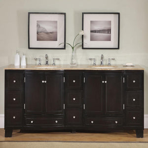 Silkroad Exclusive Transitional Style 72" Dark Espresso Double Sink Bathroom Vanity with Travertine Top - HYP-0703-T-UIC-72