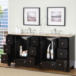 Silkroad Exclusive Transitional Style 72" Dark Espresso Double Sink Bathroom Vanity with Travertine Top - HYP-0703-T-UIC-72, open