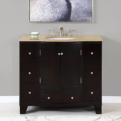 Silkroad Exclusive Elegant Transitional 40" Single Sink Dark Espresso Bathroom Vanity with Travertine Top - HYP-0703-T-UWC-40