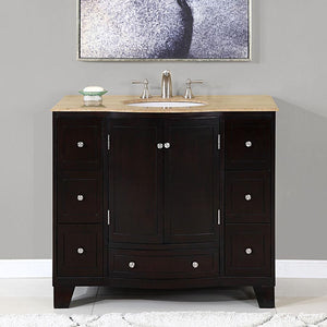 Silkroad Exclusive Elegant Transitional 40" Single Sink Dark Espresso Bathroom Vanity with Travertine Top - HYP-0703-T-UWC-40