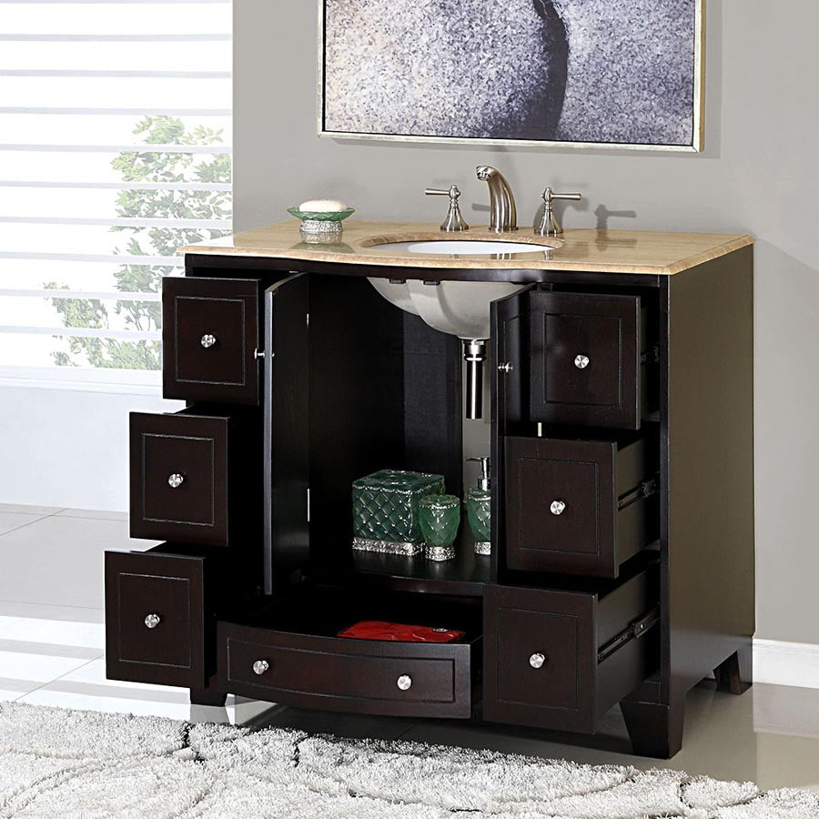 Silkroad Exclusive Elegant Transitional 40" Single Sink Dark Espresso Bathroom Vanity with Travertine Top - HYP-0703-T-UWC-40, open