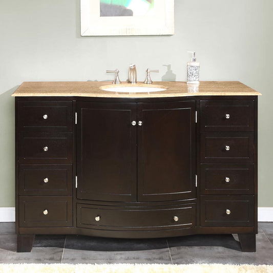 Silkroad Exclusive Transitional Dark Espresso 55" Single Sink Vanity with Travertine Top - HYP-0703-T-UWC-55